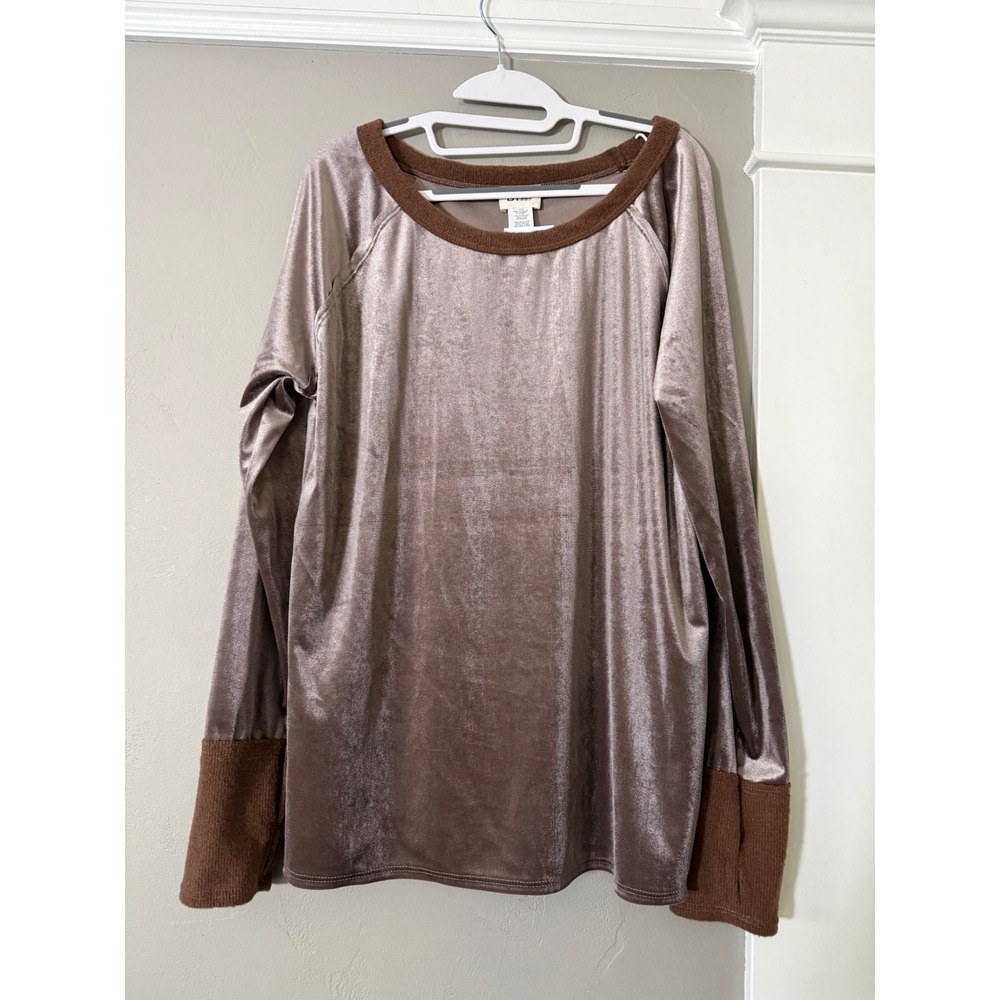 BiBi Women XL Velvet Long Sleeve Top Taupe Brown Knit Trim Raglan Holiday